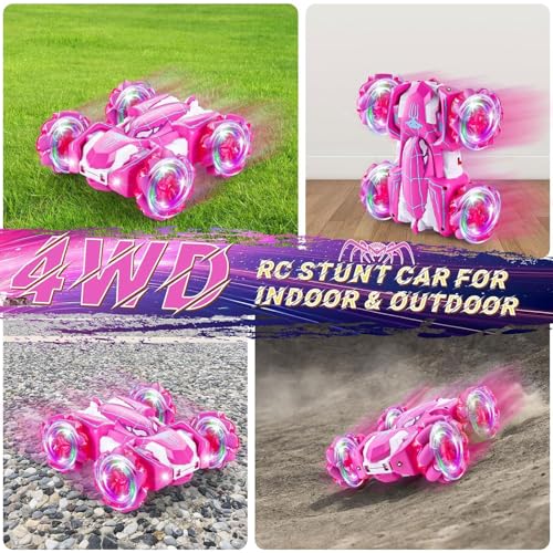 Spider Remote Control Car, Double Sided 360°Rotating USB Direct Charging RC Cars with Cool Lights, 2.4Ghz Drift RC Stunt Car, 360°Rotating 4WD Off-Road Race Toys for 4-12 Boy Girl Kids Gifts(Pink) - color: Pink