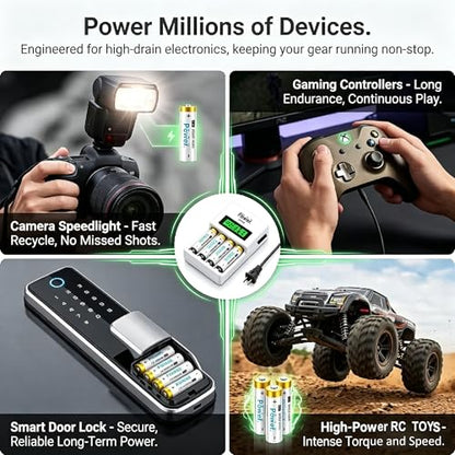 DMK POWER AA Rechargeable Batteries with Charger, 4-Pack 2800mAh NiMH Set | 4-Slot LCD Smart Charger for Remotes, Toys, Flashlights & Clocks Global Voltage Compatible