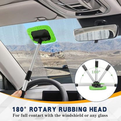 Windshield Cleaning Tool, Car Window Cleaner, Vehicle Window Cleaner with Extendable Handle & 2 Washable Microfiber Pads, Car Interior Glass Wiper Cleaning Kit for Most Vehicles (Green) - color: Green