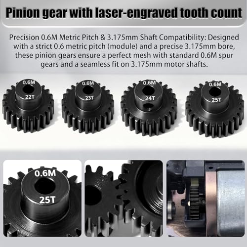 4Pcs 0.6M Hardened Steel Pinion Gear Set 3.175mm 22T 23T 24T 25T Motor Pinion Gear with M4 Screw and Hex Key, Fit 3.175mm (1/8-Inch) Shaft, for Arrma HPI Kyosho Losi Axial Traxxas Tamiya 1/10 RC Car - size: 0.6M-P-3.175mm-22-25T