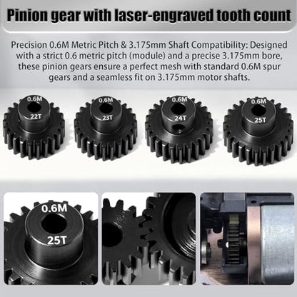4Pcs 0.6M Hardened Steel Pinion Gear Set 3.175mm 22T 23T 24T 25T Motor Pinion Gear with M4 Screw and Hex Key, Fit 3.175mm (1/8-Inch) Shaft, for Arrma HPI Kyosho Losi Axial Traxxas Tamiya 1/10 RC Car - size: 0.6M-P-3.175mm-22-25T