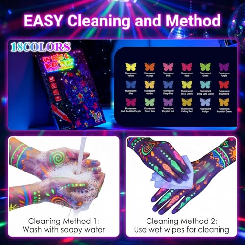 18 Packs Glow in the dark Party Supplies UV Neon Body Paint Pen,Washable Temporary Tattoo Markers for Holiday Glow Party Favors Bar Birthday Hawaii Concert Halloween Makeup Raves
