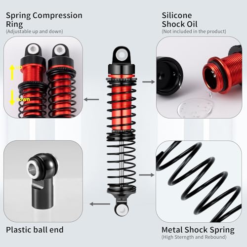 All Metal Shocks Front Rear Oil Shocks Absorber for Tra-xxas 1/18 LaTrax Teton Desert Prerunner Shock Absorber Damper Set 1/18 RC Upgrades Parts Replace Parts 7660 7665(4-Pack) (Red) - color: Red