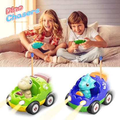 Kidz do 2 Pack Dinosaur Toys Remote Control Cars for Toddlers Ages 2 3 4 5, Christmas Birthday Gifts for 2-5 Year Old Boys, Dinosaur RC Car Toys with Music and Lights (Green Blue) - color: Blue&green