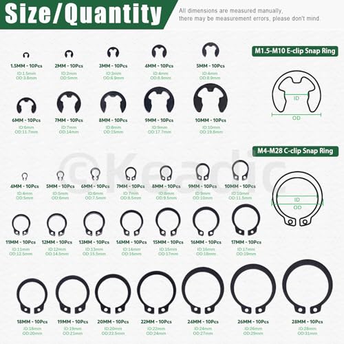 Keadic 312Pcs [M4-M28] C-clip External Retaining Rings Snap Rings Assortment Kit & [1.5mm-10mm] E-clip Circlip Ring Assortment Set & Pcs Snap Ring Plier with Tweezers (Alloy Steel)
