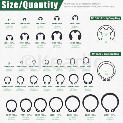 Keadic 312Pcs [M4-M28] C-clip External Retaining Rings Snap Rings Assortment Kit & [1.5mm-10mm] E-clip Circlip Ring Assortment Set & Pcs Snap Ring Plier with Tweezers (Alloy Steel)