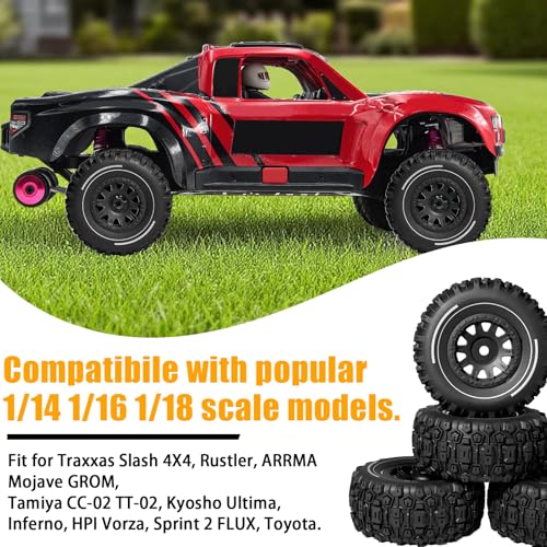 Pre-glued 64mm Wheels &Tires with 12mm Hex for 1/14 Truck, Black | Rubber Tire and Nylon Rim for ARRMA Mojave GROM, HPI, Traxxas Slash, Tamiya, Toyota, WLtoy 1/14 1/16 1/18 RC On/Off-Road Car - color: Black