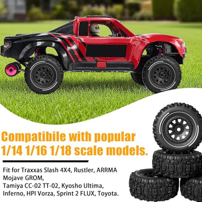 Pre-glued 64mm Wheels &Tires with 12mm Hex for 1/14 Truck, Black | Rubber Tire and Nylon Rim for ARRMA Mojave GROM, HPI, Traxxas Slash, Tamiya, Toyota, WLtoy 1/14 1/16 1/18 RC On/Off-Road Car - color: Black