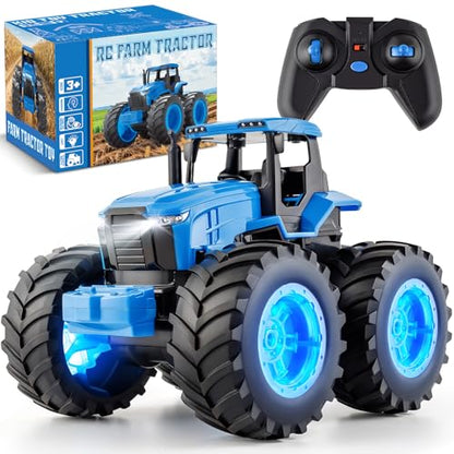 BAYSING Remote Control Monster Tractor Toy, Blue Light Up Monster Truck Toy | LED Lights Toddlers RC Farm Vehicle for 3, 4, 5, 6, 7 years old Boys ＆ Girls Ideal Christmas, Birthday Gifts for Kids - color: Blue
