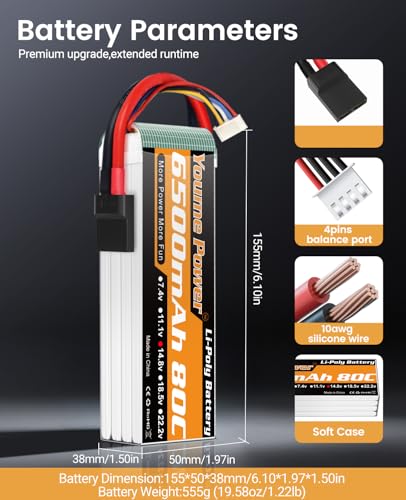 4S Lipo Battery 6500mAh 14.8V Lipo Battery 80C Soft Case with Tr Connector Plug Compatible with 1/7 1/8 Maxx X-Maxx RC Cars Trucks Vehicles Truggy Buggy Aircraft Airplane Drone Boat Models (2 Packs)