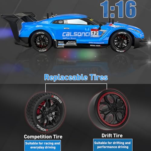 1:16 Spray RC Drift Car for Kids 4WD 2.4GHz 40KM/H High Speed Remote Control Car with LED Lights Drifting Tires & 2 Batteries, Racing Sport Toy for Boys Girls (Blue) - color: Blue