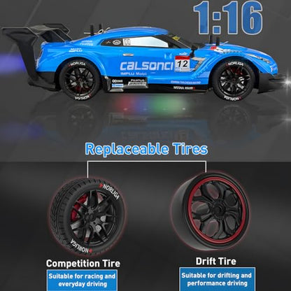 1:16 Spray RC Drift Car for Kids 4WD 2.4GHz 40KM/H High Speed Remote Control Car with LED Lights Drifting Tires & 2 Batteries, Racing Sport Toy for Boys Girls (Blue) - color: Blue
