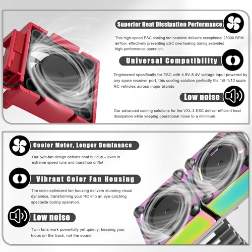 VXL-3s ESC Cooling Fan and Motor Cooling Fan 28000 RPM Dual Fan Set for 1/10 Traxxas Slash 4x4 Stampede 4x4 Rustler 4x4 VXL Hoss 4×4 Velineon VXL 3s Heat Sink Replace #3340, Grey & Red - style: SRQ-Grey Red