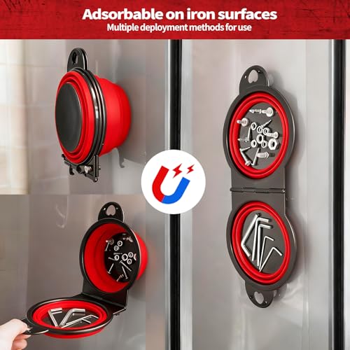 Magnetic Trays, Magnetic Bowl for Screws, Magnetic Tool Tray (red2.0) | Collapsible Magnetic Tool Tray, Integrated 5.1" Round Dual Silicone Bowls, Upgraded Version, Bonus Hook for On-the-Go Carry - style: red2.0