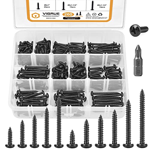VIGRUE 260PCS #6#8 Black Wood Screw Assortment Kit, 304 Stainless Steel Pan Head Self Tapping Screws, Black Oxide - style: 260PCS #6#8Stainless Steel Black Pan Head