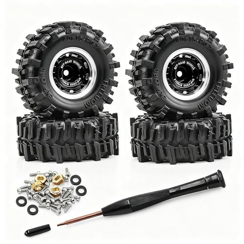 0.7” Wheel & Mud Terrain Tire Set for 1/30 RC Crawler, -1.00mm Offset, Axial SCX30 & Redcat Ascent-32, CNC Aluminum Rims, 5mm Hex, Shims Screwdriver Included, Pre-Assembled, 4 pcs, Black - color: Black, size: Loose-dirt-mud-bite