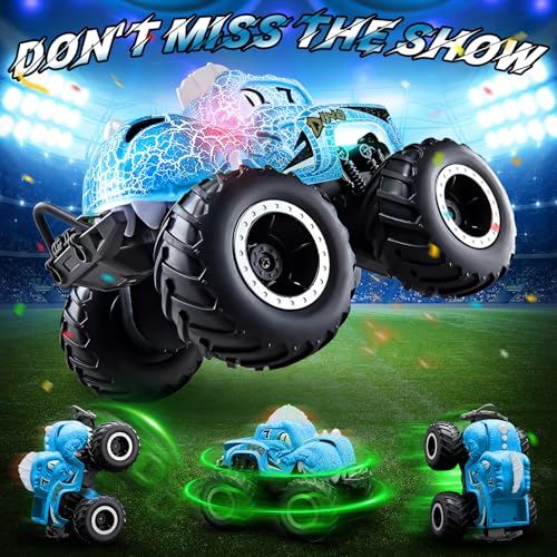Amphibious Remote Control Car, 1:20 Waterproof Dinosaur Monster Trucks for Boys Age 4-7, 2.4GHz All Terrain RC Cars with 2 Batteries, 360° Rotating Stunt RC Car Toy Birthday Gift for Kids 3-5 - color: Azure Dinosaur Truck