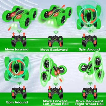 FREE TO FLY Remote Control Car for Boys 8-12: 2.4Ghz Electric Rechargeable Race Stunt Cars Double Sided 360 Rolling Rotating Rotation with Led Headlights - color: Green