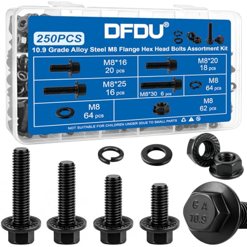 250PCS M8 Flange Bolts and Nuts Assortment Kit, Grade 10.9 Alloy Steel | Black Zinc Plated Metric M8-1.25 x16/20/25/30mm Hex Screws Flat & Spring Washers for 3D Printer, RC Car, Drones, DIY Repair - size: G10.9 M8 250PCS