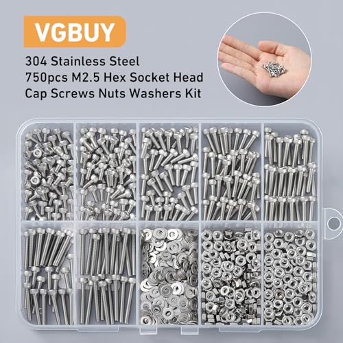 VGBUY 750pcs M2.5 Screw Kit, M2.5 x 4/6/8/10/12/16/20mm Hex Socket Head Cap Screws Bolts Nuts Washer Kit,304 Stainless Steel Machine Screws Suitable for 3D Printer DIY - size: M2.5x4/6/8/10/12/16/20mm, style: Socket Head