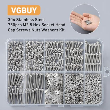 VGBUY 750pcs M2.5 Screw Kit, M2.5 x 4/6/8/10/12/16/20mm Hex Socket Head Cap Screws Bolts Nuts Washer Kit,304 Stainless Steel Machine Screws Suitable for 3D Printer DIY - size: M2.5x4/6/8/10/12/16/20mm, style: Socket Head