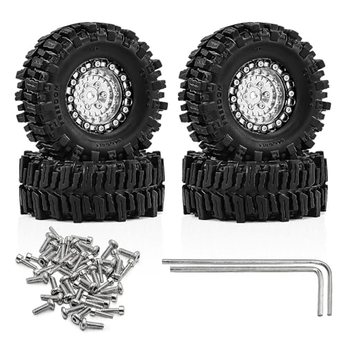 1.3" Beadlock Wheels and Tires for SCX24 TRX4M 1/18 1/24 RC Crawler – Aluminum CNC Rims, Rubber Tires with Foam Inserts, Upgrade Parts (Silver)