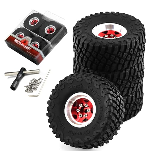 REDSPIDER 1.0 Beadlock Wheels and Tires（4pcs）， 1.0 Crawler Tires for 1：24 1:18 RC Scale Rock Crawler Car SCX24 FMS FCX24 TRX4M Axial AX24 90081 Gladiator Bronco C10 ﻿ (Red) - color: Red