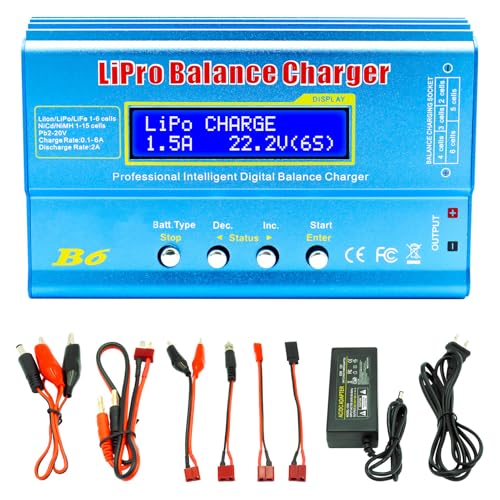 LiPo Battery Charger, Smart Charger Discharger, Built-in Balancer for 1S-6S LiPo/Li-ion/Life & 1S-15S NiCd/NiMH, LCD Display - color: Light Blue