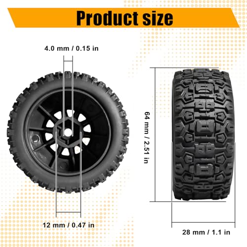 Pre-glued 64mm Wheels &Tires with 12mm Hex for 1/14 Truck, Black | Rubber Tire and Nylon Rim for ARRMA Mojave GROM, HPI, Traxxas Slash, Tamiya, Toyota, WLtoy 1/14 1/16 1/18 RC On/Off-Road Car - color: Black