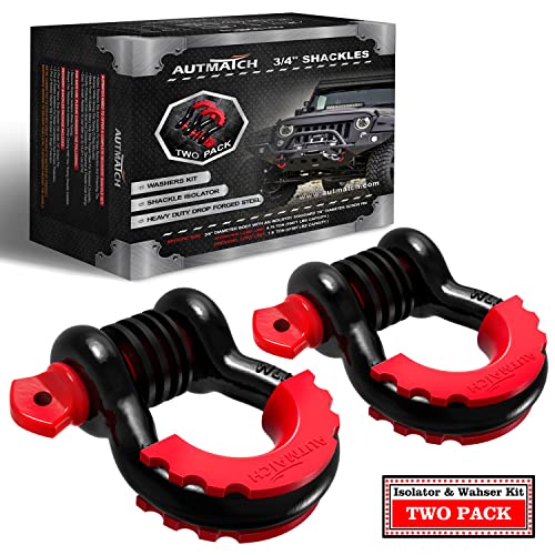 AUTMATCH 3/4" D Ring Shackles (2-Pack) - 41,887 lbs Break Strength | Clevis Shackle with 7/8" Pin & Isolator Washer Kit for Tow Strap, Winch, Towing & Off-Road Vehicle Recovery, Black & Red - color: Black & Red
