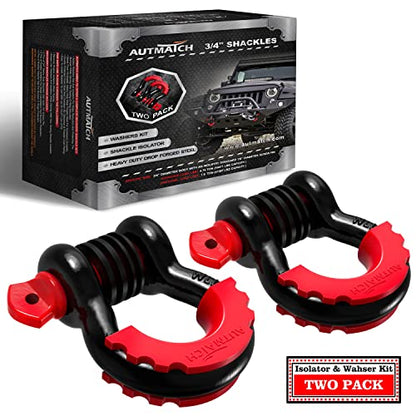 AUTMATCH 3/4" D Ring Shackles (2-Pack) - 41,887 lbs Break Strength | Clevis Shackle with 7/8" Pin & Isolator Washer Kit for Tow Strap, Winch, Towing & Off-Road Vehicle Recovery, Black & Red - color: Black & Red