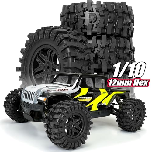 STMU 1/10 RC 12mm Hex RC Wheels and Tires （4pcs） OD 4.45''for 1/10 RC Off-Road Car Traxxas TRX4 Slash Arrma Losi Tenacity Vkar 10sc Hpi RC Buggy Car (Black) - color: Black