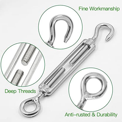 6PCS M5 Hook & Eye Turnbuckle 304 Stainless Steel Turnbuckle Wire Rope Tension Heavy Duty Turnbuckles for Cable Railing Wire Rope Hardware Kit (M5, Hook & Eye) - style: Hook & Eye-M-5