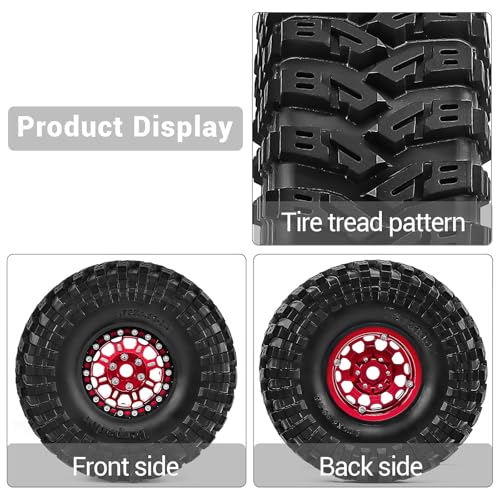 1.9" Beadlock Aluminum Wheels and 124mm Soft Rubber Tires | for SCX10 TRX4 1/10 RC, 12mm Hex, 0mm Offset, with Foam Inserts, RC Crawler Upgrade Parts (Red) - color: Red