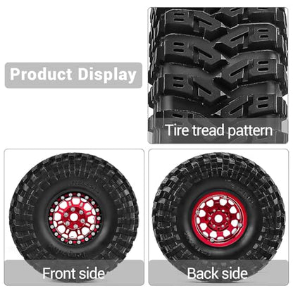 1.9" Beadlock Aluminum Wheels and 124mm Soft Rubber Tires | for SCX10 TRX4 1/10 RC, 12mm Hex, 0mm Offset, with Foam Inserts, RC Crawler Upgrade Parts (Red) - color: Red