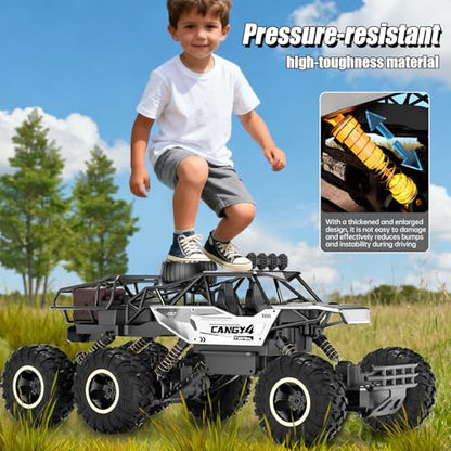 RC Cars, Remote Control Monster Truck - Rock Crawler RC Truck with 2 Rechargeable Batteries, Metal Body, Large Size & LED Headlights, Boy Toys for Kids Ages 4-7 8-12 Birthday Gifts - color: 6 Wheels Silver