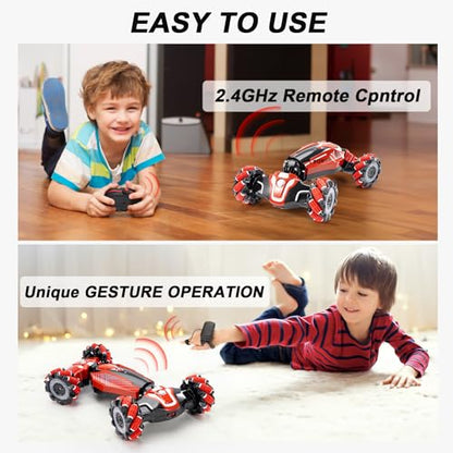 Gesture Sensing RC Stunt car, Rc Vehicle for Kids 4-12 Old Presents | 4WD Drive Watch Sensing rc car ,Bidirectional Drifting Off-road Vehicle with music and lights RC Toys for boys - color: Deep Red