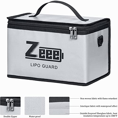 Zeee Lipo Safe Bag Battery Fireproof Large Capacity Storage Guard Battery Safey Pouch for Storage Charging - 10 Cell Adjustable(10.6x6.7x6.7in)