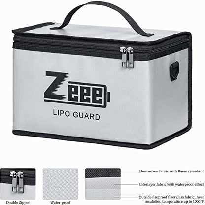 Zeee Lipo Safe Bag Battery Fireproof Large Capacity Storage Guard Battery Safey Pouch for Storage Charging - 10 Cell Adjustable(10.6x6.7x6.7in)