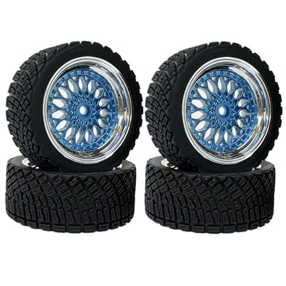 4PCS 65mm RC Rally Car Rubber Tires and Plastic Plating Wheel Rims Set 12mm Hex for 1/10 RC On-Road Rally Drift Racing Car for Tamiya HPI WR8 HSP TT02 WLtoys(Blue Silver) - color: Blue Silver