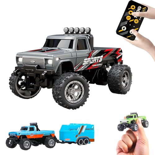 Mini Monster Truck, 1:64 Scale Remote Control Car with Lights, 2.4GHz Off-Road RC Truck, USB Rechargeable RC Car with Adjustable Speed for Kids Indoor & Outdoor Racing (Grey) - color: Grey