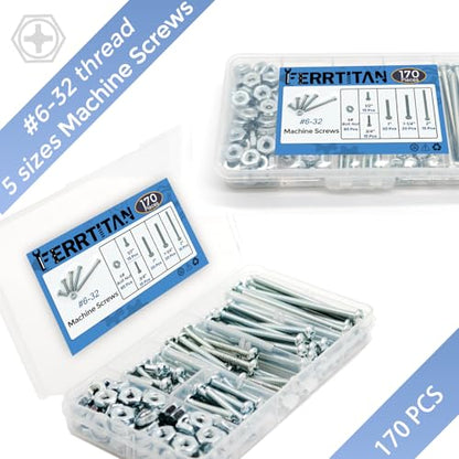 170-Piece #6-32 Machine Screws Assortment Kit – Zinc-Plated Carbon Steel Phillips Pan Head Screws with Nuts, Knobs, Cabinet Screw & Electrician Screw Machine Bolts - size: #6-32 – 85 Sets, 5 Sizes
