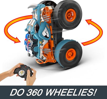 Hot Wheels Monster Trucks RC Toy, Remote-Control Transforming Rhinomite in 1:12 Scale & 1:64 Scale Race Ace, Converts into Launcher, Connects to Track - style: Rhinomite