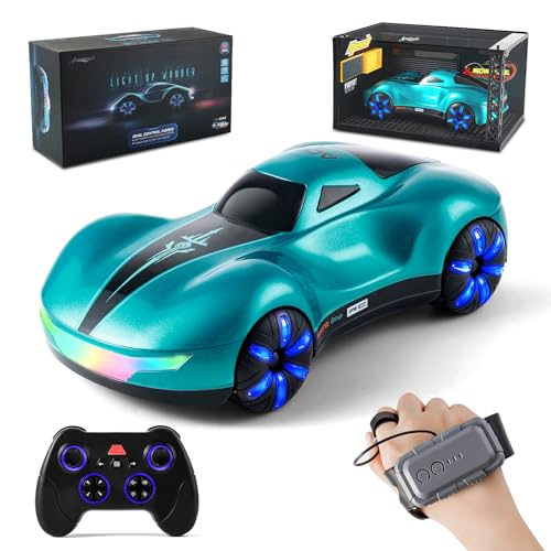 AEROQUEST Gesture Sensing RC Stunt Car with Display Garage | Remote Control Stunt Drift USB-C Charging Light Spray Sound Gesture Sensing Spotrs Birthday Holiday Gifts 2.4GHz 4WD - color: Meteor Supercar Blue