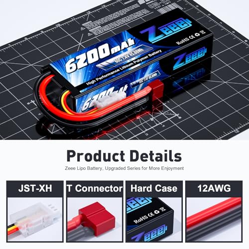 Zeee 2S Lipo Battery 6200mAh 7.4V 60C with T Connector (2 Pack) | Hard Case Battery for RC Vehicles Car Truck Truggy Boat Racing Hobby