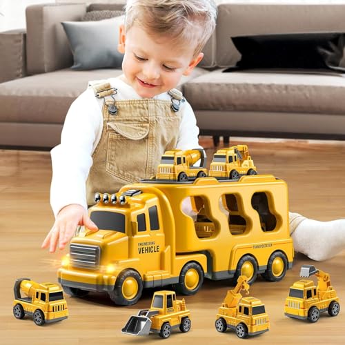 JUKUDAHU Construction Trucks for Kids 3-5 Years Old - Transport Vehicle | 1 Carrier Trucks for Kids with 4 Car Toy, Kids Excavator Crane, Sound and Light, 3+ Year Old Boy Gifts Birthday Toy - style: 5 IN 1 Construction Truck