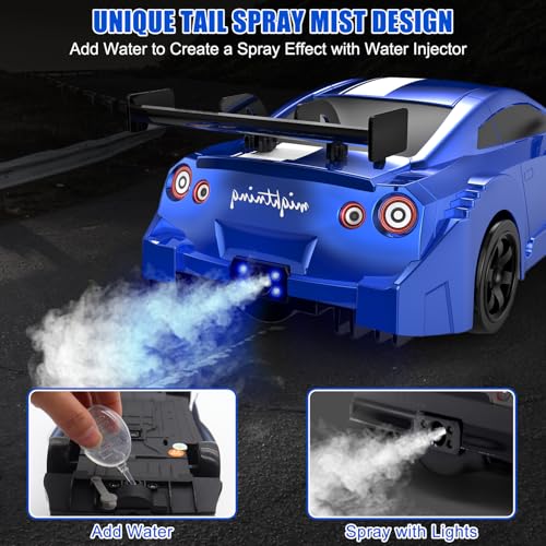 Dollox RC Drift Car 1/16 Scale Remote Control Car 2.4GHz 4WD High Speed 18+KM/H Race Car with LED Light and Spray, Extra Drifting Tires Racing Vehicle Toy Birthday Gifts for Adults Boys, 2 Batteries - color: Blue