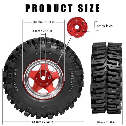 1.3" RC Beadlock Wheel Tires Set 64x26mm for SCX24 TRX4M, Red (4PCS) | Upgraded 1.45-inch Wheel for 1/24 SCX24 AX24 FCX24 1/18 TRX4M FMS RC Crawler Car Upgrade - color: Red