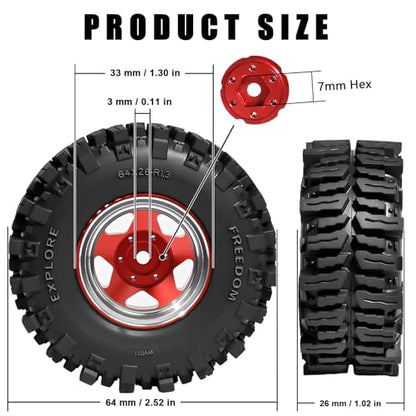 1.3" RC Beadlock Wheel Tires Set 64x26mm for SCX24 TRX4M, Red (4PCS) | Upgraded 1.45-inch Wheel for 1/24 SCX24 AX24 FCX24 1/18 TRX4M FMS RC Crawler Car Upgrade - color: Red