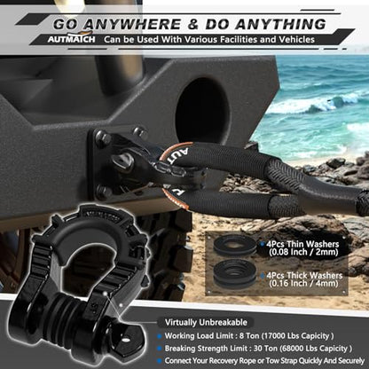 AUTMATCH D Ring Shackles 3/4" Mega Shackle (2 Pack) 68,000Ibs Break Strength - Heavy Duty Clevis Shackles with 7/8" Screw Pin and Isolator Washer for Tow Strap Winch Off Road Vehicle Recovery, Black - color: Gloss Black